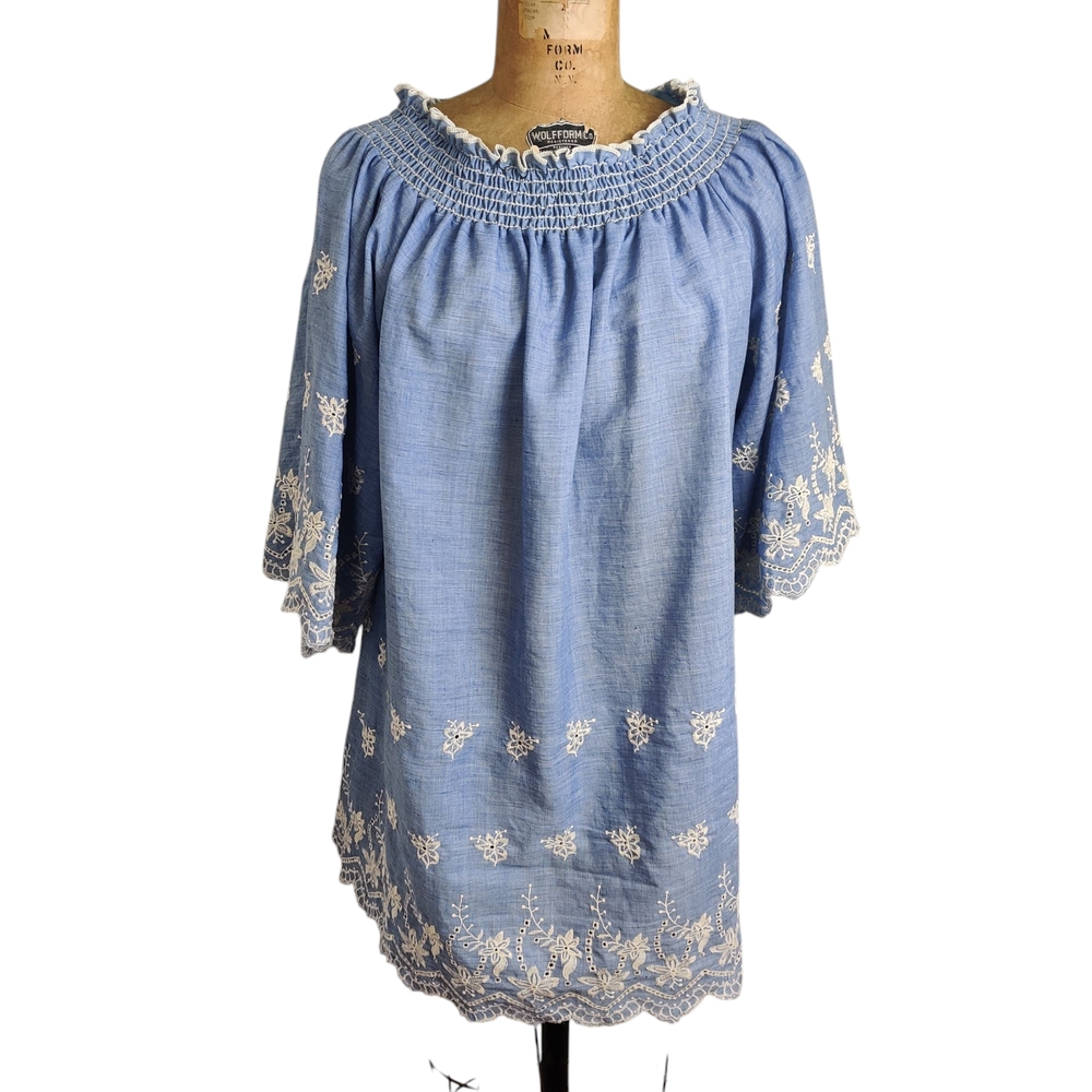 Lilypad Blue Embroidered Top with Smocked Neckline, 1X